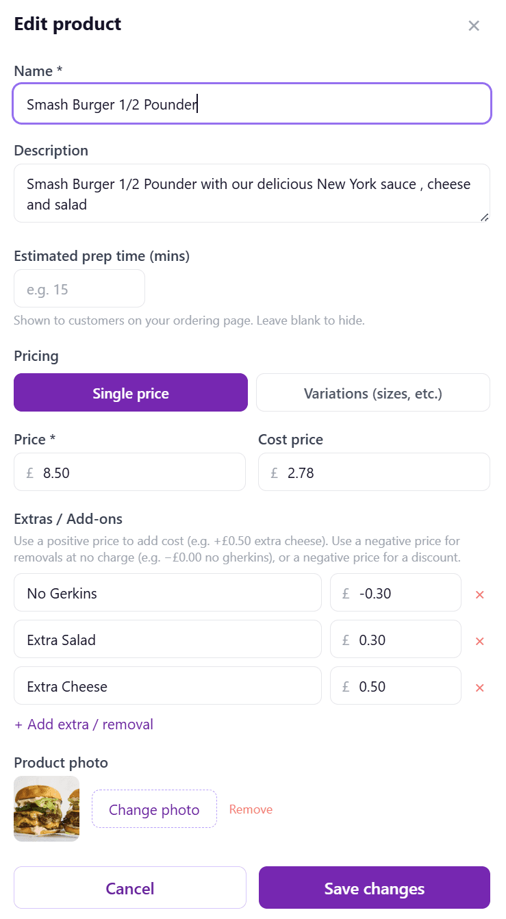 Food van menu management — edit product details on mobile