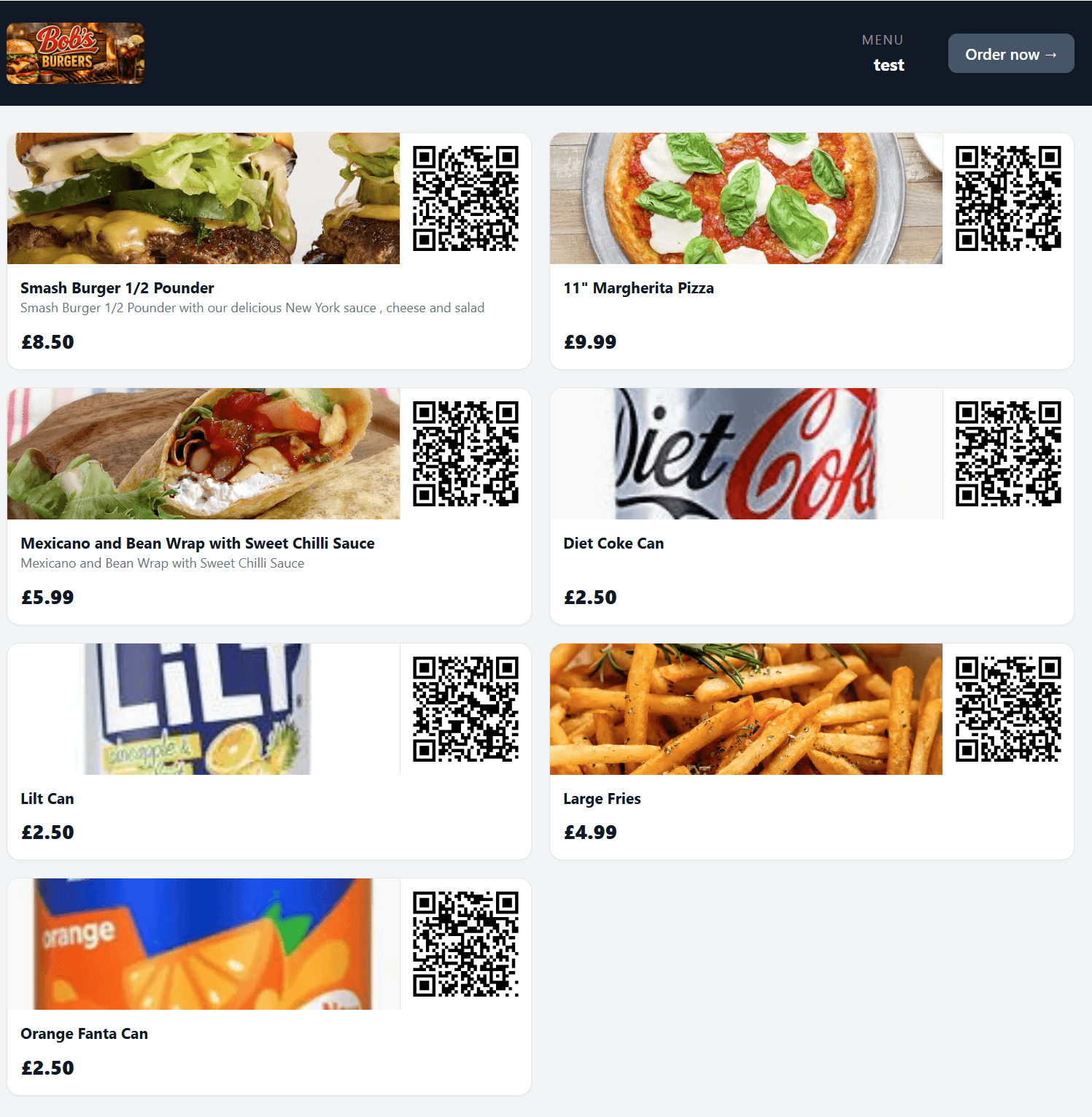 Printable food truck menu with QR codes on every item